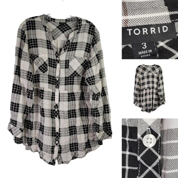 Torrid Shirt Womens Size 3 3X Black White Plaid Button Up Popover Rayon - Picture 1 of 10
